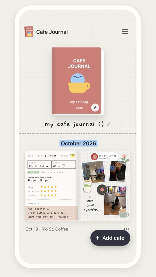 Cafe Journal home screen with a journal cover and an October page