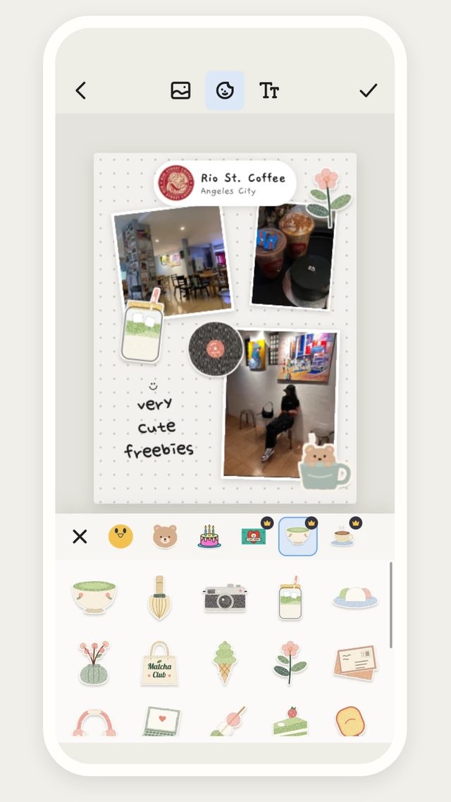 Memory canvas with cafe photos and the sticker picker open