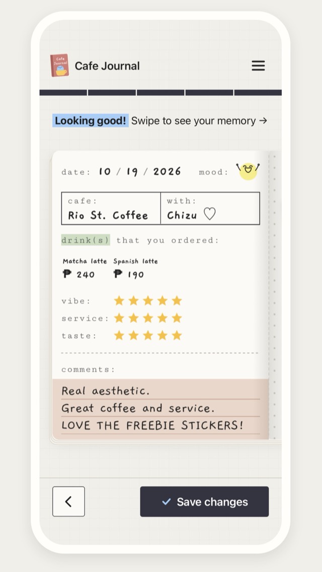 A journal page with drinks, ratings and comments